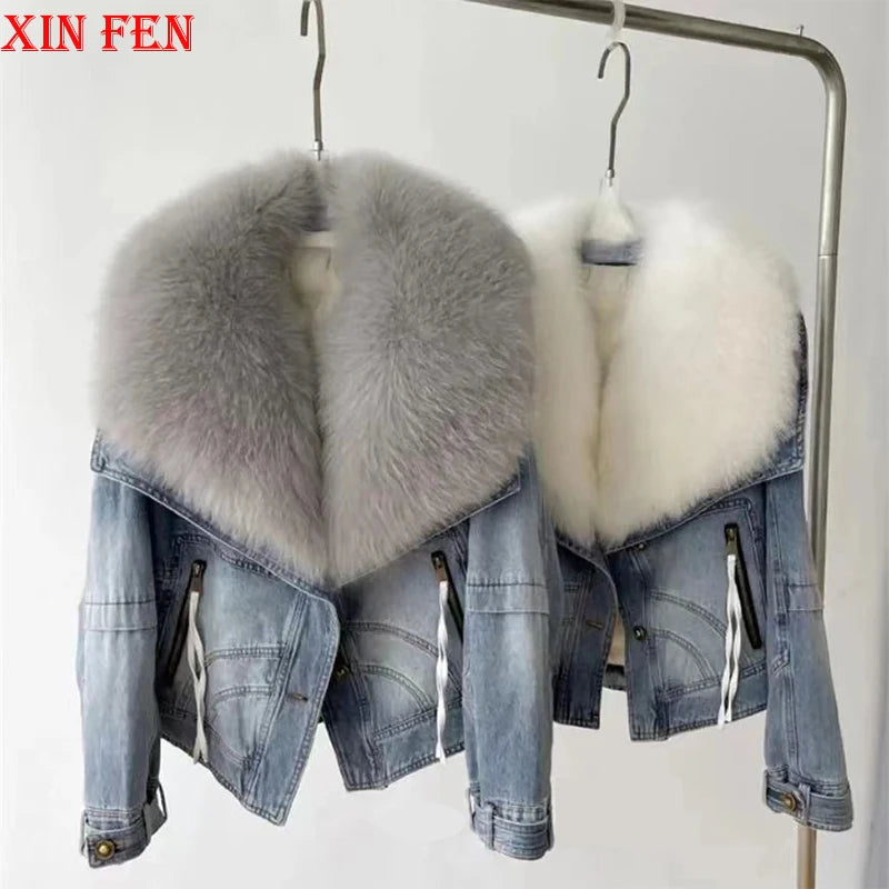 Winter Women New Luxury Natural True Fox Fur Big Collar Goose Down Denim Down Jackets Short Warm Casual  Jacket Coat
