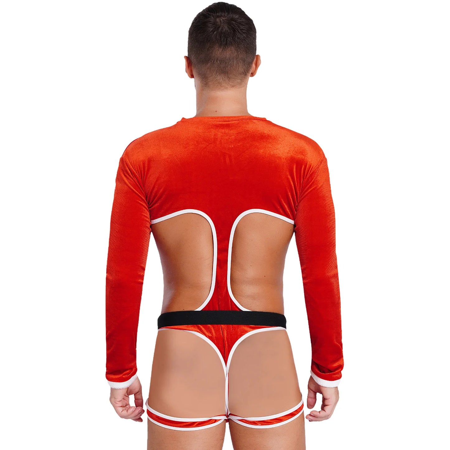 Sexy Gay Men Christmas Santa Claus Role Play Bodysuit Long Sleeve Cutout Bulge Pouch Open Butt Leotard Nightwear Festival Holiday Party Men Fashion Clothing Suits Products