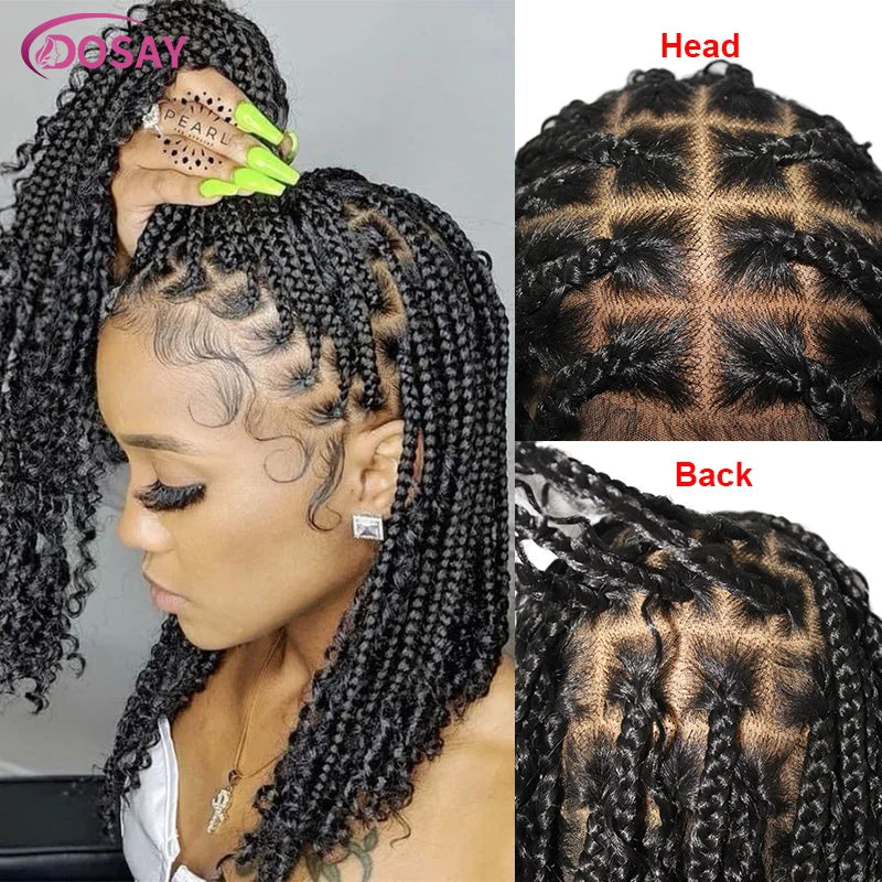 Short 12 Inch Bohemian Curly Braided Full Lace Front Wigs Knotless Box Braid Bob Wig Women Synthetic Locs Goddess Cornrow Braids