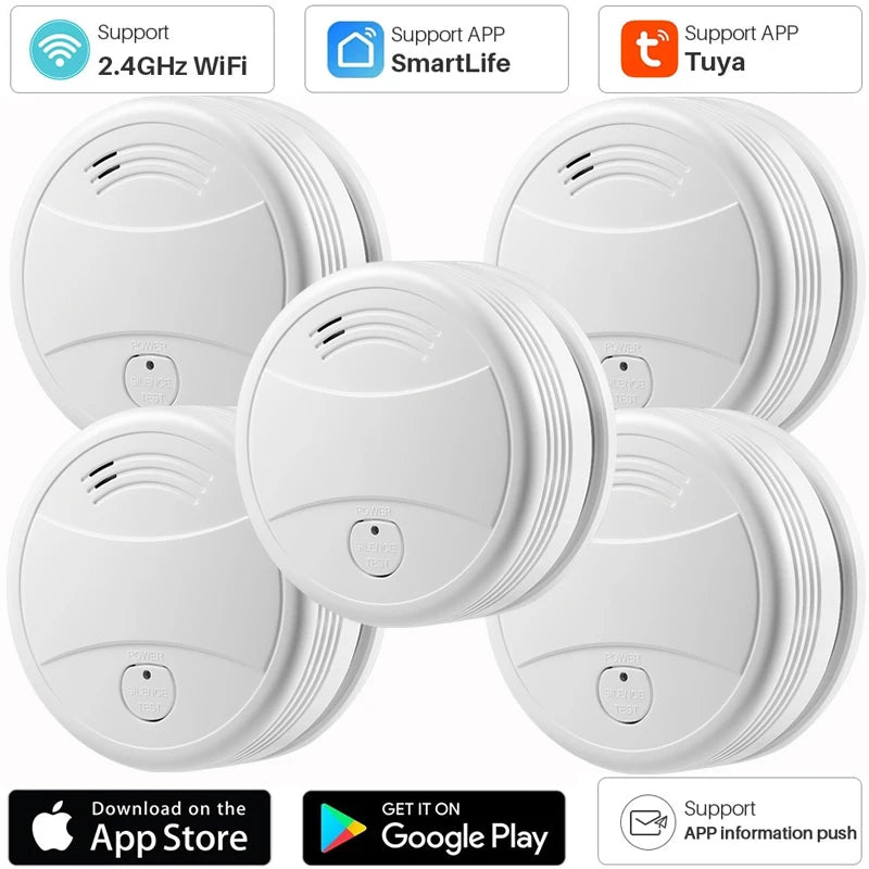 NEW Arrivals 5PCS Set TUYA App Control Wi-Fi Smoke Detector Alarm Smart Fire Protection 90dB Smoke Alarm Sensor Home Office Company Security Supplies System Smart Life APP