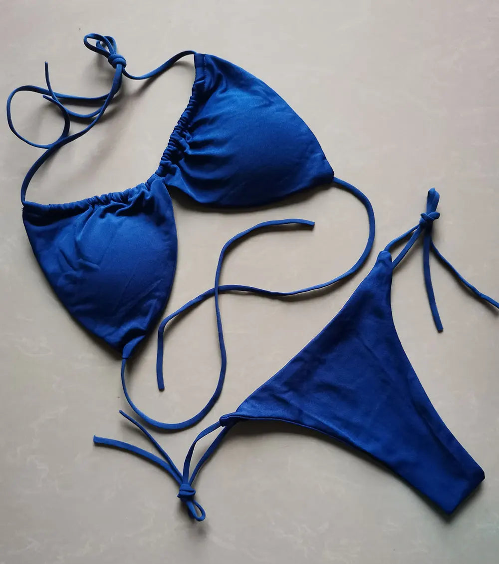 2 PCS Set S-XL Multi-Colors Summer Women's Sexy Bikini Push-Up Padded Bra Brazilian Thong Split Swimwear Female Bandage Bathing Suit Adjustable Lacing Swimsuit Solid