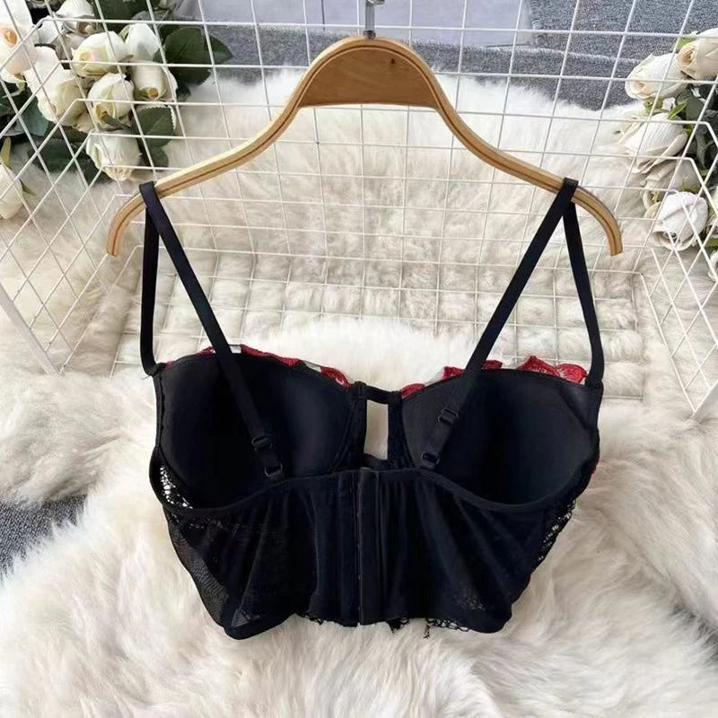 Gathering Underwear Set Super Short Tops Sexy Lingerie Patchwork Lace Flowers Black See-through Women's Secret Clothes Pajamas Ladies Luxury Lingerie Fashion Clothing Products