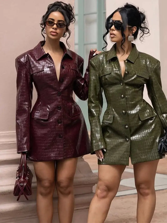 S-XL UK Size  Spring New Leather Blazer Mini Dress For Women Chic Lapel Long Sleeve Pockets Suit Jacket Lady Chic Single Breasted Outwear
