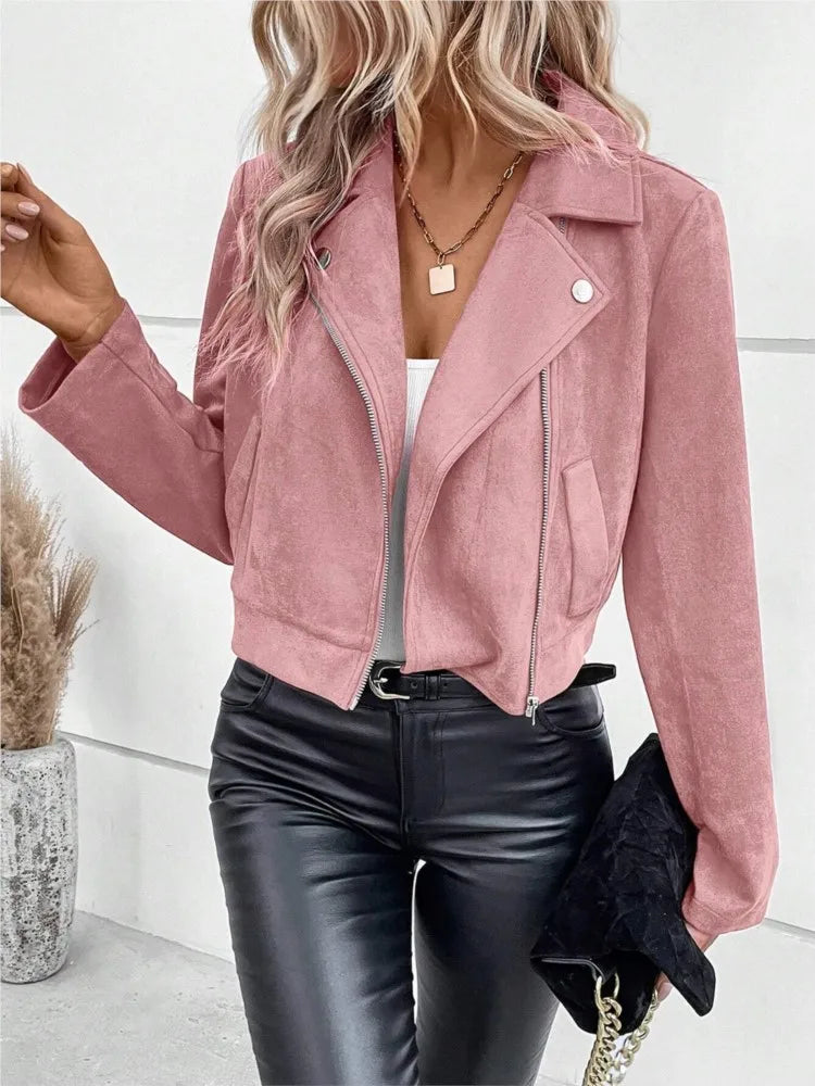 S-2XL US Size Women's Casual Lapel Zipper Jacket Imitation Deerskin Velvet Short Coat Winter Fashion Slim Women's Riding Short Jacket Casual Clothing Supplies