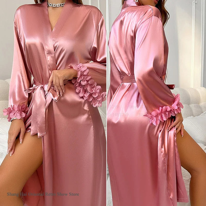 NEW S-XL Female 2PCS Set 3 Colors Robe Set Nightgown Sexy Lace Long Kimono Bathrobe Gown Silk Satin Loungewear Summer Sleepwear Lingerie Home Wear