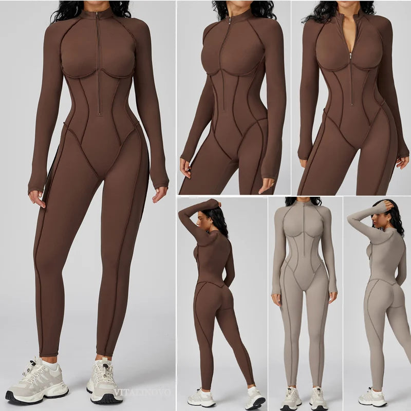5 Colors Women's Running Onesie Athletic Romper Pants Long Sleeve Zip Up Hiking Outfits One Piece Workout Bodycon Jumpsuits emale Sports Apparel Supplies
