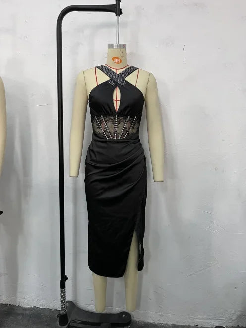 Low-Price Sales are Limited NEW Luxury Sexy Women Night Out Evening Wedding Birthday Party Dresses Rhinestones High Slit Contrast Lace Sleeveless Halter Slim Opera Business Dinner Dress Ladies Luxury Fashion Apparel Supplies