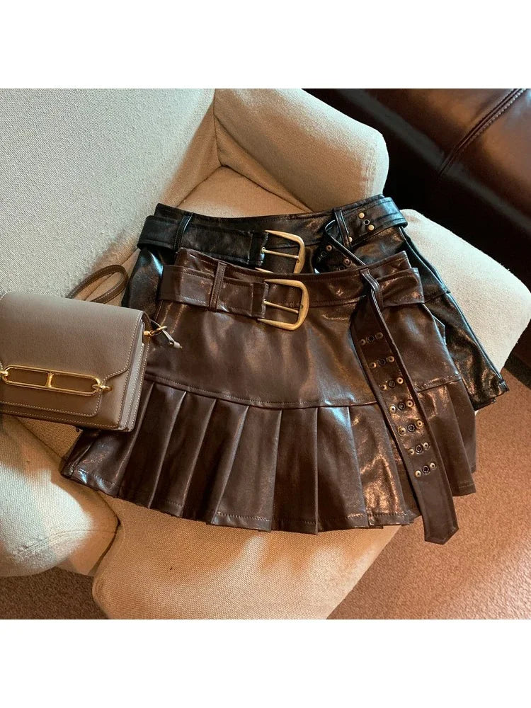 NEW Arrivals Women Black/Coffee Leather Skirt Harajuku Japanese Y2K Vintage Pleated Skirt 90s Aesthetic A-Line Mini Skirt Emo 2000s Punk Clothes Girls Sexy Casual Fashion Clothing Supplies