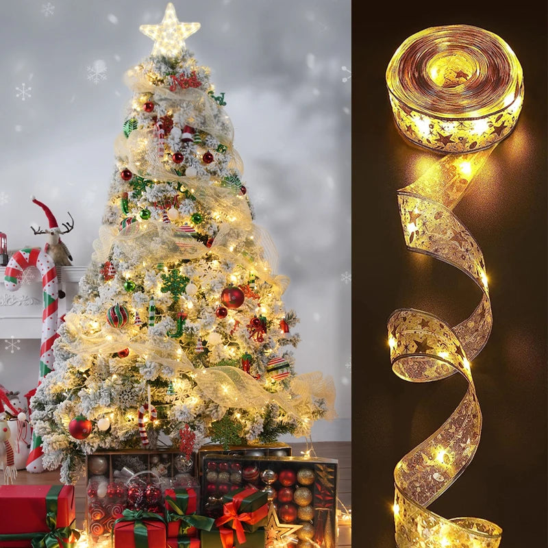 NEW 10M 100 LED Fairy Lights Ribbon Lights DIY Lace Bows String Light For Christmas Tree Bedroom Wedding New Year Gift Decoration Lights