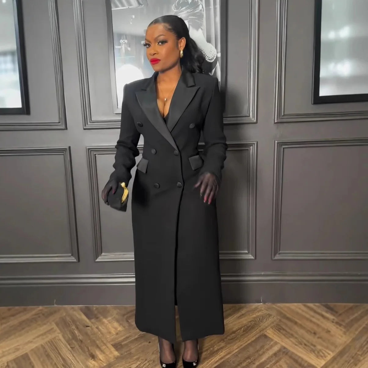NEW Arrivals UK S-3XL Size Italian Fashion Women Luxury Wedding Guest Celebrities Red Carpet  Double Breasted Notched Long Sleeve Maxi Dress Spring Sexy Night Elegant Long Dresses