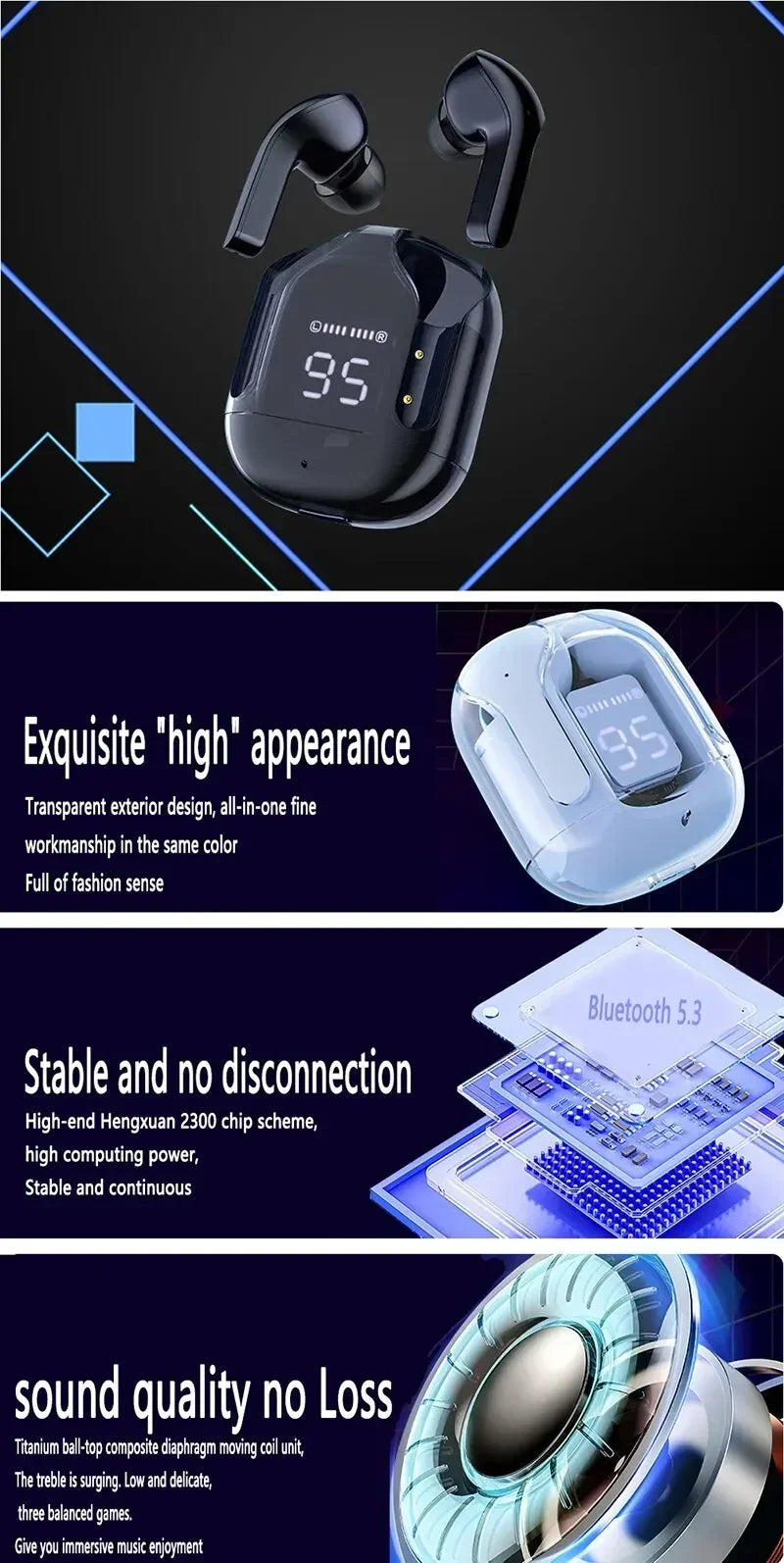 NEW Arrivals Original T2 Wireless Bluetooth Black Earphone Transparent HI-FI 2 Drivers Headphones LED Power Digital Display Stereo Sound Earphones for Xiaomi