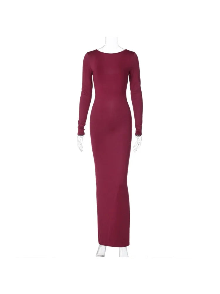 NEW Arrivals UK Size Black/Burgundy Color Sexy Hot Open Back Backless Shirring Slim Bodycon Maxi Dress Women Long Sleeved Solid Color Skinny Evening Party Dress Elegant Club Party Maxi Gown