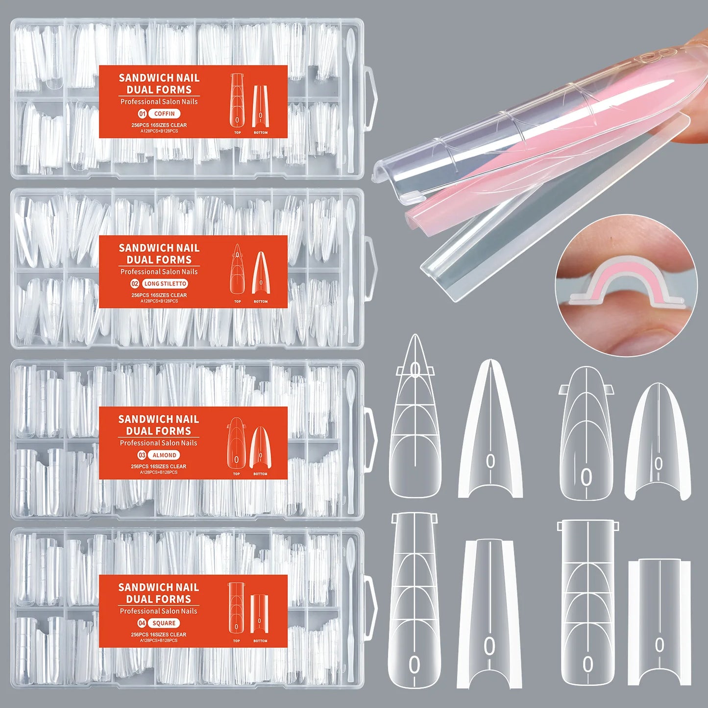 256 PCS Set 16 Size Long Coffin Sandwich Nail Dual Forms Almond Stiletto Square Nail Mold for Quick Nail Extension 16size Sandwich Nails Form