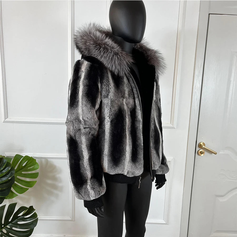 Chinchilla Fur Coats Real Rex Rabbit Fur Hooded Jacket With Natural Fox Fur Collar Real Fur Jackets