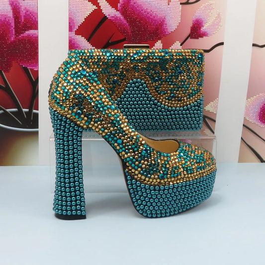 NEW Arrivals Luxury Italian Fashion Teal Blue 5 Colors Wedding Shoes and Bag Set Woman 14CM High Pumps Thick High Heel Evening Party Shoes Matching Bag Round Toe Pumps Ladies Luxury Fashion Clothing Supplies