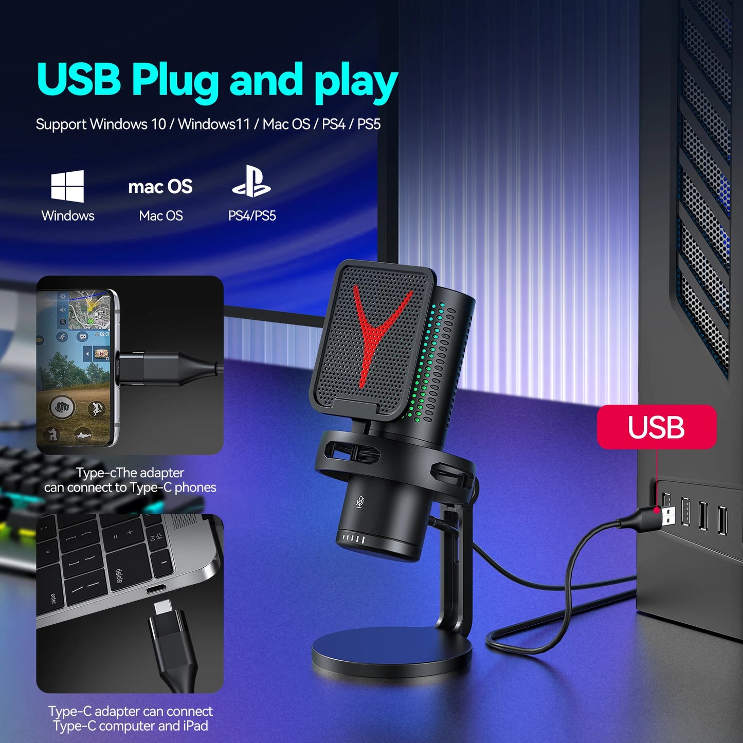 NEW Arrivals Gaming Microphone Professional Condenser Mic PC Laptop Computer Mike RGB USB Wired Studio Streaming Podcast Gamer Karaoke PC YouTube Tik-Tok Kit Electronics Accessories Supplies