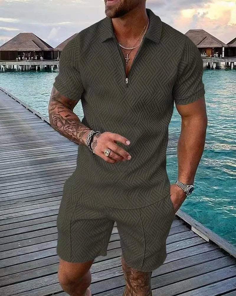 2 PCS Set S-5XL Plus Size for Curvy Men's Athletic T-Shirt Set Casual Mesh Lapel Short Sleeve Pullover Tops + Shorts  Solid Thin Sporty Suits Summer Casual Clothing Suit