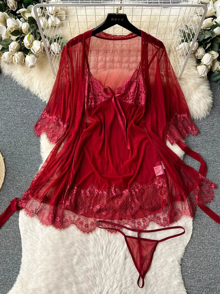 Women Preppy Style Sexy Uniform Sets 2024 V Neck Sheer Top+Lace Up Mini Skirt+Thongs Hollow Out Cosplay Porn Suits
