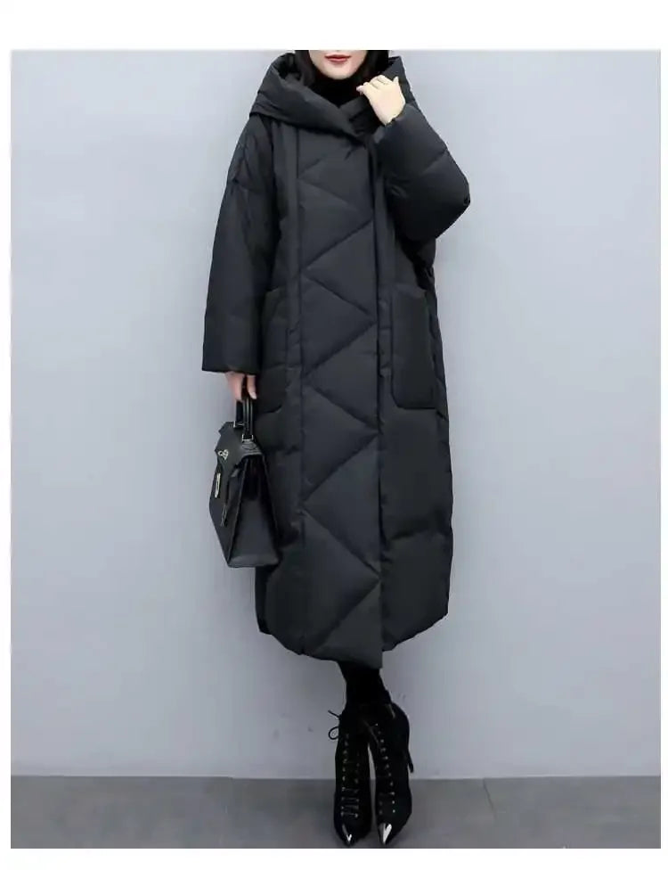 UK Size S(8)-3XL(20) Long Thick Parkas Zipper Hooded Spliced Jackets Women Maxi Warm Loose Coats Pockets Autumn Winter Y2K Coat Warm Parkas Coat