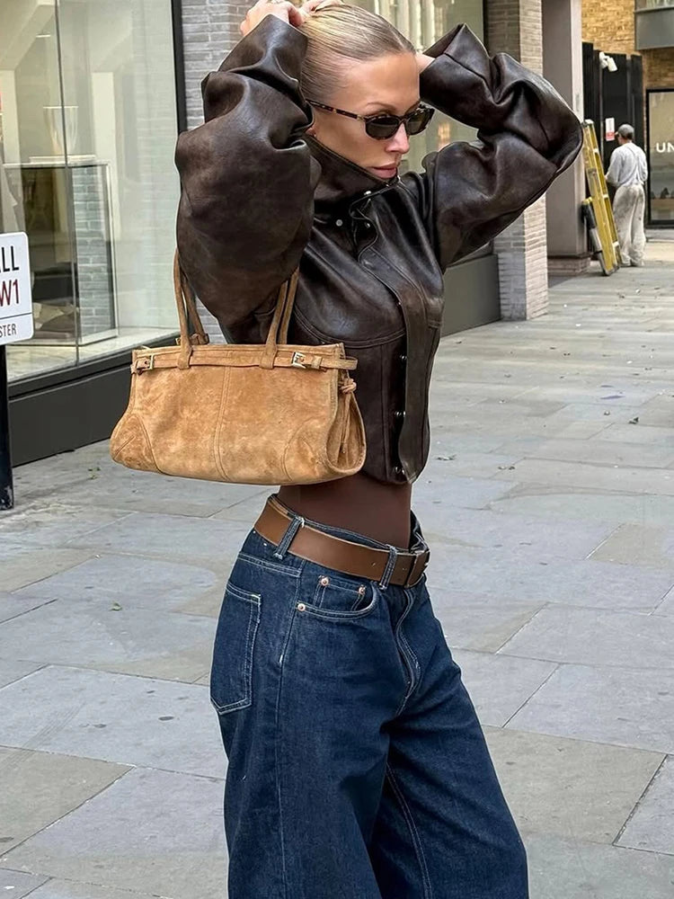 UK Size Brown/Black Color Wild PU Leather Irregular Crop Jacket Women Turtleneck Zip Button Full Sleeve Sexy Hottie Street Midnight Club Hipster Coat