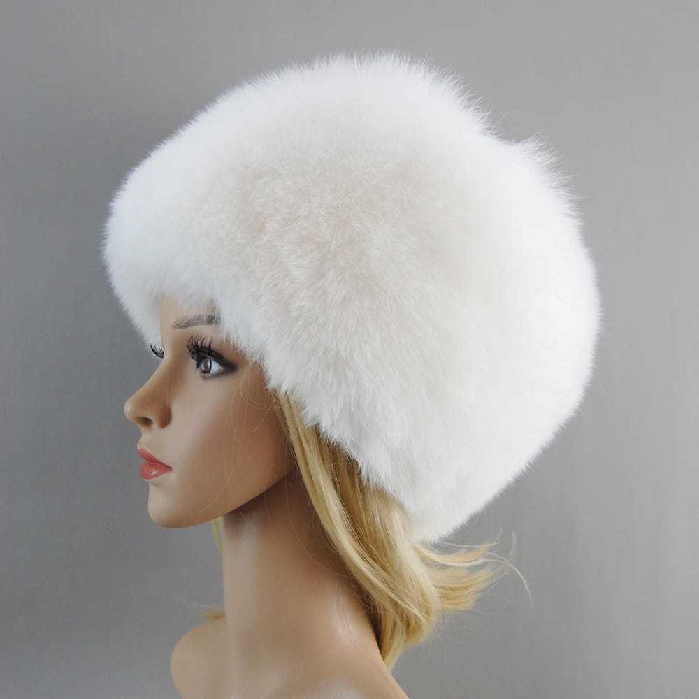 Luxury Siberian- Russian Style Female Round Cap Head Ears Cover Fashion Real Fur Hats Natural Fox Fur Women Winter Warm Bomber Hat Fluffy Popular Beanies Female Ladies Luxury Fashion Clothing Products