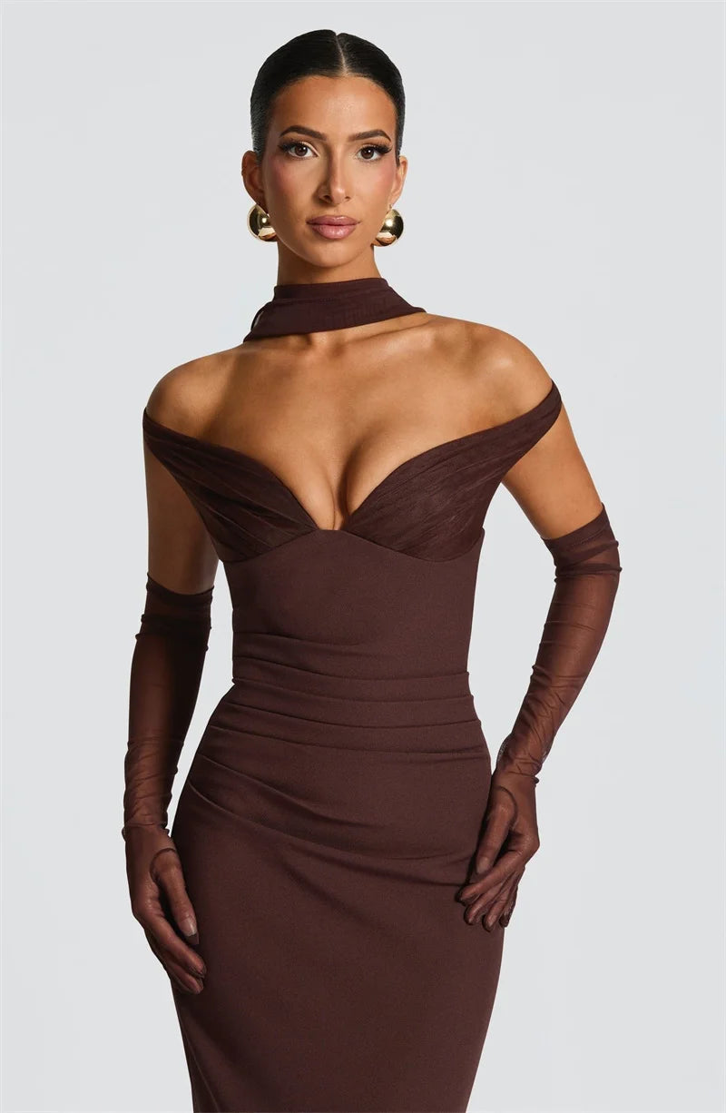 UK Size Black/Brown/Pink Color Scarf Collar Off-Shoulder Sexy Maxi Dress Women Gown Fashion With Sleeve Strapless Backless Club Party Long Dresses