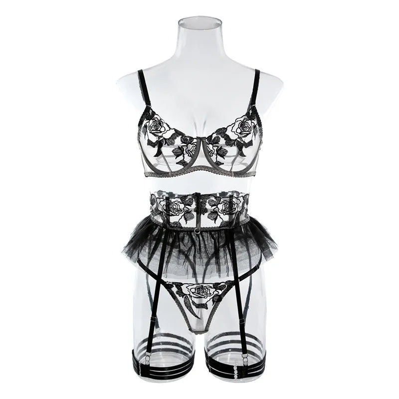 Women's Sexy Underwear Black Flower Lace Embroidered Skirt Four-Piece Mesh Thin Erotic Lingerie Seductive Bra Set