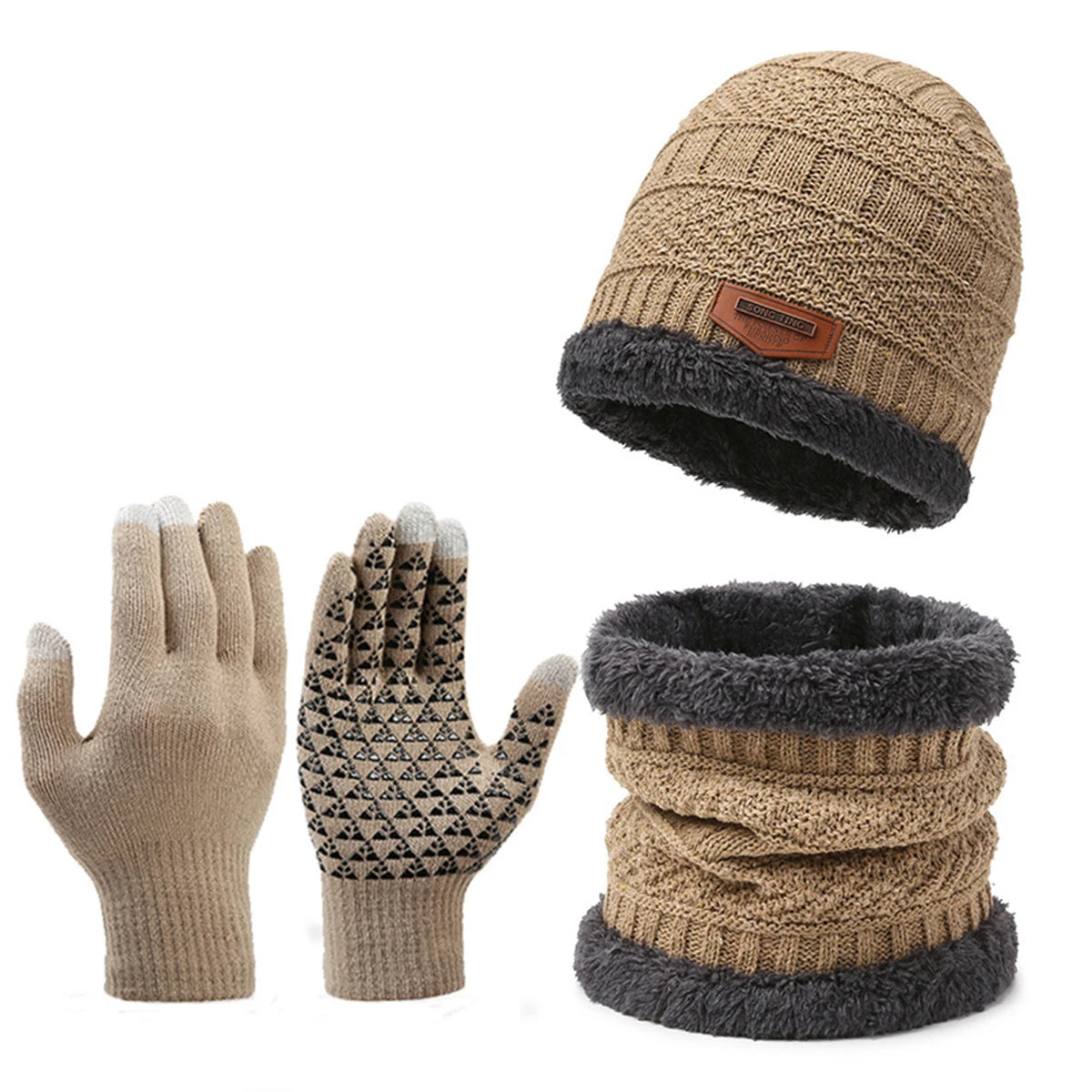 3 PCS Set Winter Fleece Thicken Windproof Hat Gloves Scarf Set Plush Warm Wool Knit Beanies for Men And Women