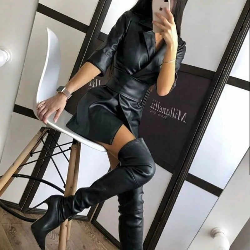 NEW Arrivals Luxury Italian Fashion Leather Women's Dress Sexy V Neck Leather Mid Length PU Leather Waist Closure Dresses Trend Turn Down Dress With Belt Ladies Luxury Fashion Clothing Supplies