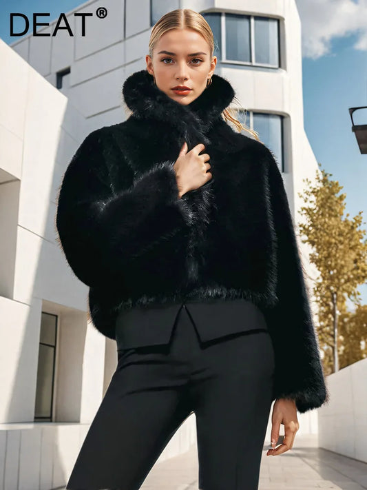 NEW Arrivals UK Size Italian Fashion High Quality Faux Fur Coat Women's Lapel Loose Long Sleeve Black Thick Warm Plush Short Jacket Winter Evening Party Night Club Outerwear New Girls Luxury Fashion Clothing Supplies
