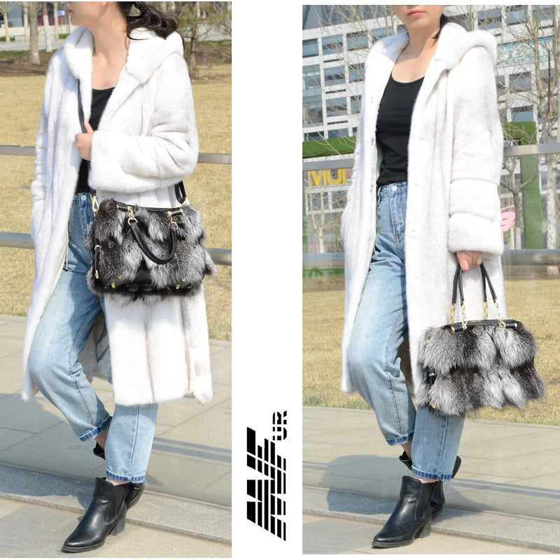 NEW Arrivals 100% Real Fox Fur Women Fashion Luxury Natural Silver Fox Handbag Lady Shoulder Bag Real Fox Fur Evening Party Formal Hand Bags Ladies Luxury Fashion Apparel Accessories