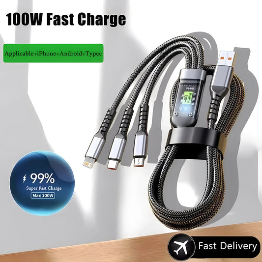 NEW Arrivals 3 in 1 Set LED Display USB Cable 6A 100W Micro USB Type C Charging Cable For iPhone 14 13 12 Huawei Honor Xiaomi 13 ViVO OPPO Data Cord Mobile Phones Accessories Electronic Supplies