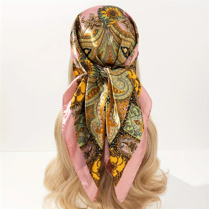New 90x90cm 18 Colors Silk Shawl Satin Square Scarf For Women Paisley Neckerchief Female New Headband Hair Bands Print Foulard Hijab Wraps Bandana Women Apparel Accessories