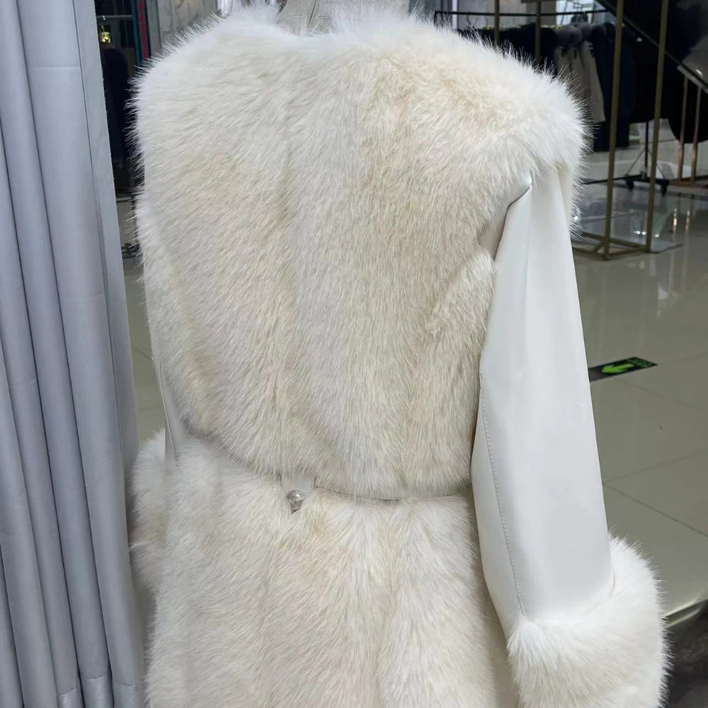 NEW Arrivals Leather Patchwork Faux Fox Fur Jacket Women Winter Warm Snow Outerwear Belted Plush Coat Elegant Fluffy Jackets High Quality Furry Overcoat Ladies Girls Luxury Fashion Clothing Supplies