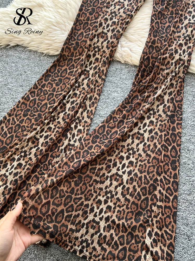 Newest Leopard 2PCS Suits UK Size Women Sexy Strap Tops +Elastic Waist Flared Pants American Ins Fashion Hot Sets