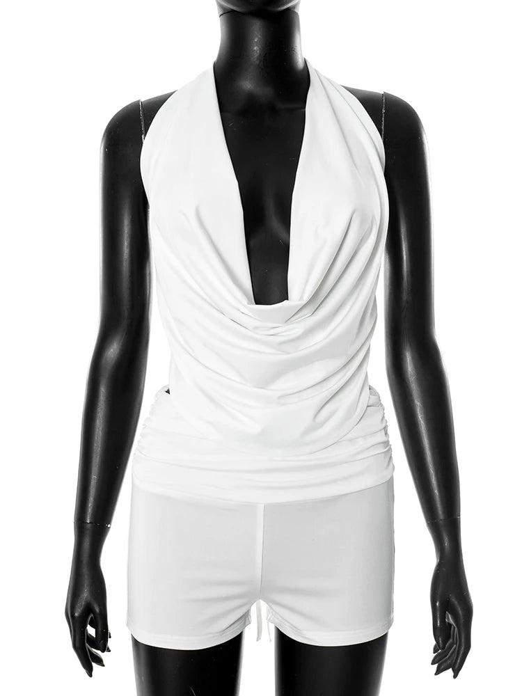 2 PCS Set White/Red Color  Sexy Elegant Halter Backless Bandage Swing Collar Tank Tops + Shorts Matching Streetwear Tight Stretch Suit Evening Beach Rave Party Night Clubwear Prom Suit