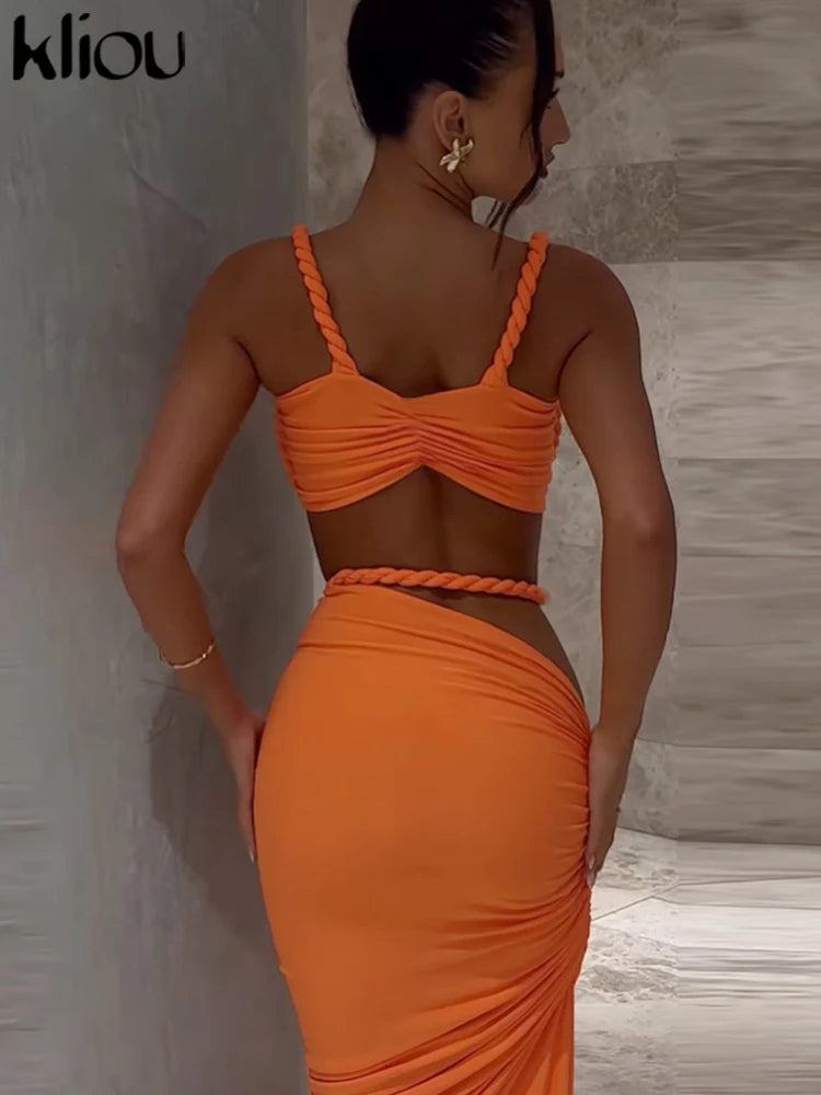 NIEW Arrivals Woven Sexy Women  Stunning Hot Solid Pleated Crop Camisoles +High Waist Maxi Skirts Female Trend Vacation Outfit