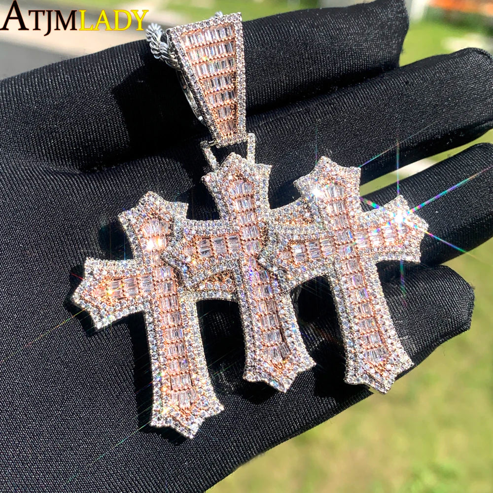 New Iced Out Cross Pendant Necklace For Women Men Bling Prong Setting Cubic Zirconia Cross Charm Luxury Hip Hop Fashion Jewelry Accessories.