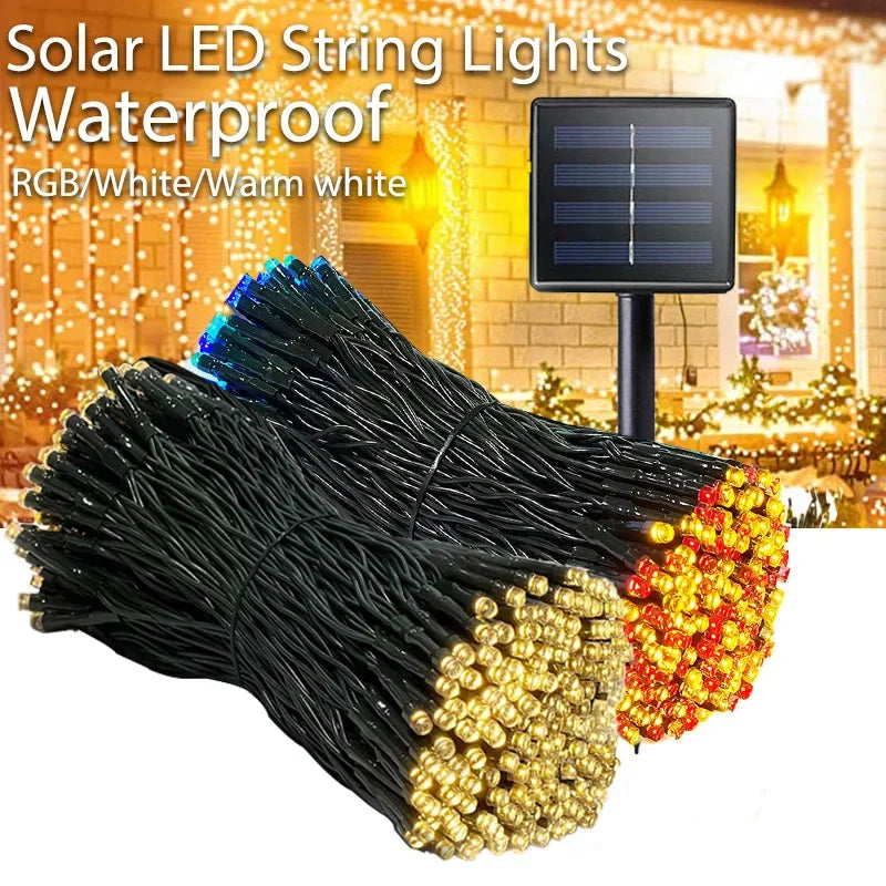NEW Arrivals 12M-100LED Solar Powered LED String Lights for Outdoor Christmas Garden Patio Balcony 8 Lighting Modes Waterproof Flickering Effect Light Christmas New Year Eve Accessories Supplies