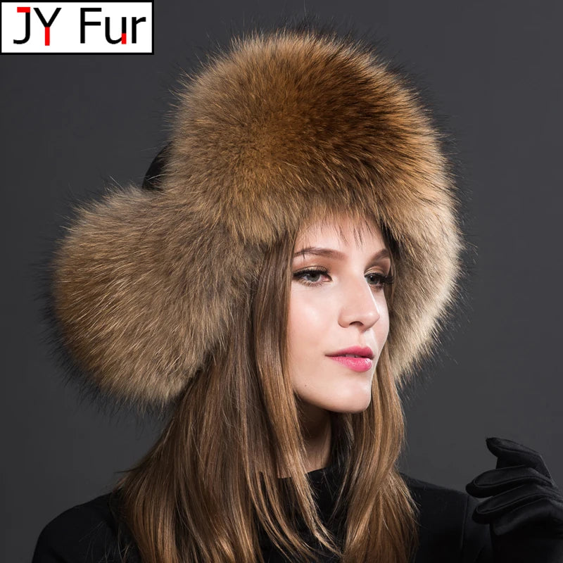 NEW Siberian-Russian Women Ladies Real Natural Raccoon Fur Caps Head Covers Ushanka Hats for Winter Thick Warm Ears Fashion Bomber Pom Pom Hat Lady Real Fox Fur Cap Female Girls Luxury Fashion Clothing Products