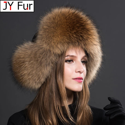NEW Siberian-Russian Women Ladies Real Natural Raccoon Fur Caps Head Covers Ushanka Hats for Winter Thick Warm Ears Fashion Bomber Pom Pom Hat Lady Real Fox Fur Cap Female Girls Luxury Fashion Clothing Products