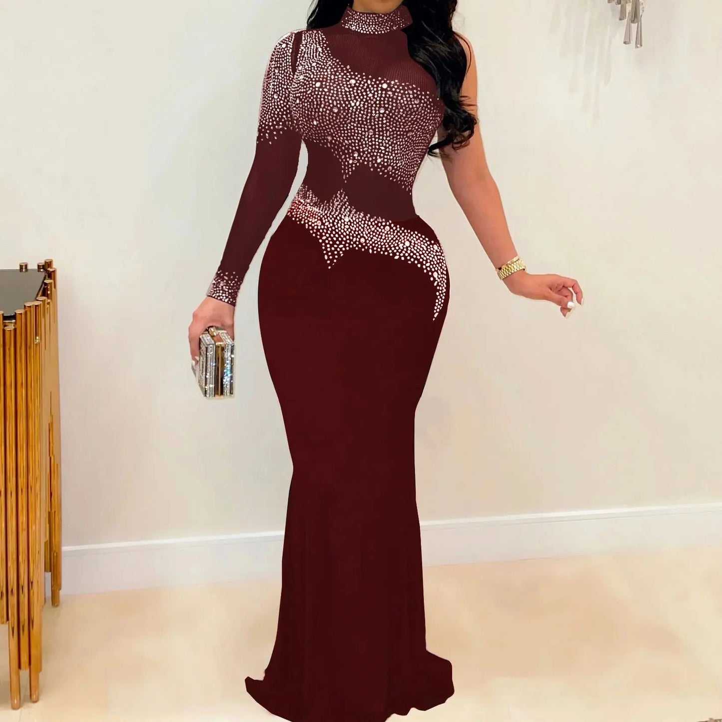 L-5XL Plus Size 5 Colors Sheer Rhinestones Evening Party Red Carpet Dress Female Luxury Business Dinner Celebrities Wedding Guest Prom Lady Summer Elegant Women Dresses