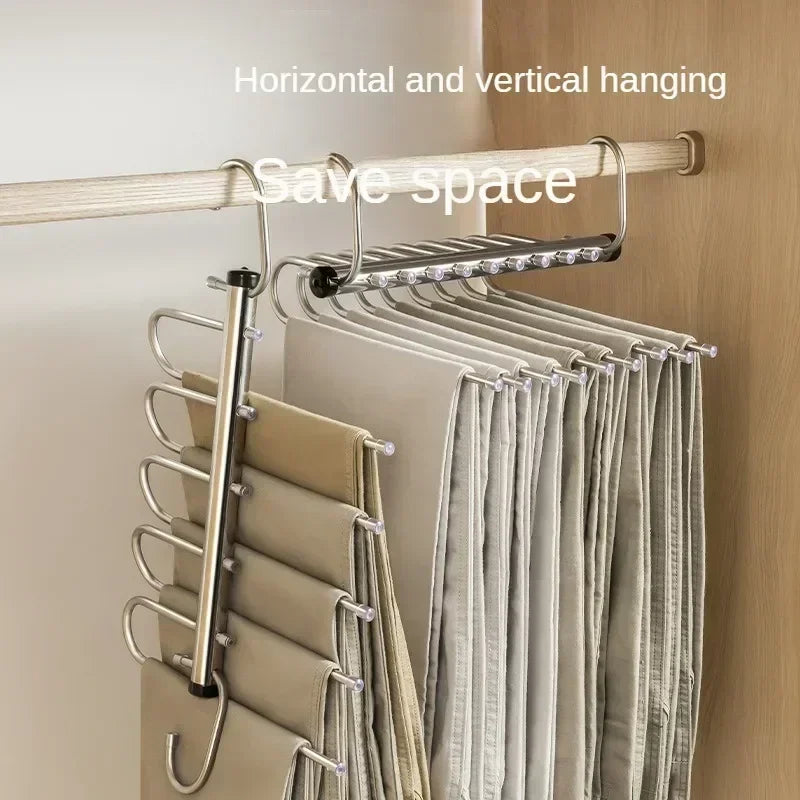 NEW Design 9 Bars Layers Folding Magic Pants Hangers Stainless Steel Space Saving Clothes Rack Organizer For Wardrobe Trousers Jeans Clothes Storage Organizer Closet Accessories
