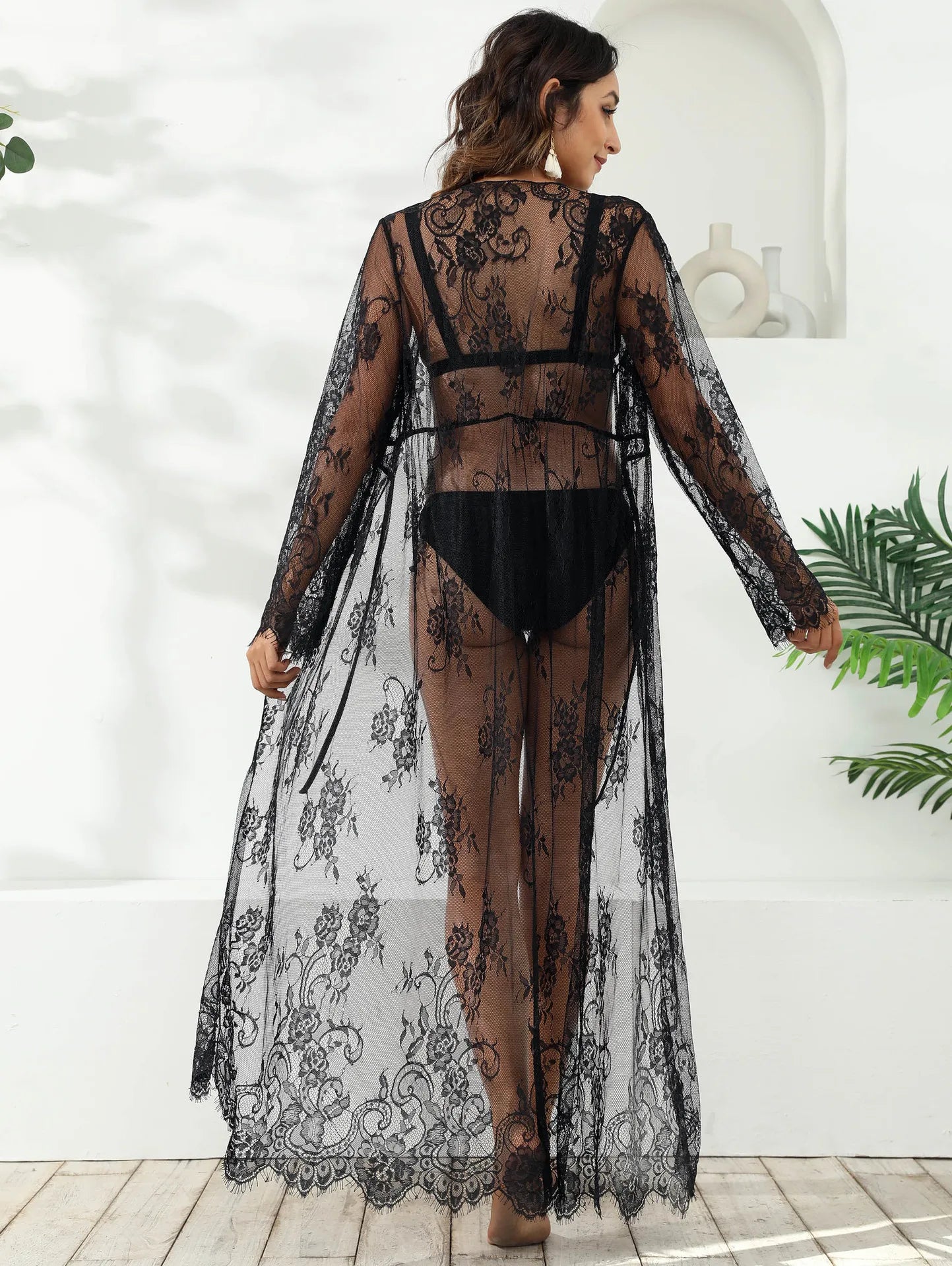 New White/Black Long Beach See Through Cover Up for Women Summer Cardigan Beachwear Black Sheer Lace Sleep Dress Maxi Sleeve Dresses Ladies Sexy Beachwear Cover Ups