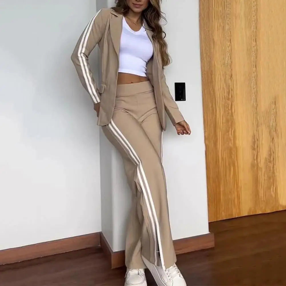 2 PCS Set S-3XL UK Size 5 Colors Women's Blazer Formal Coat Pants Set Autumn Winter Long Sleeves Jacket Loose Striped Wide Leg Casual Suit Outfit Girls Ladies Fashion Apparel Supplies
