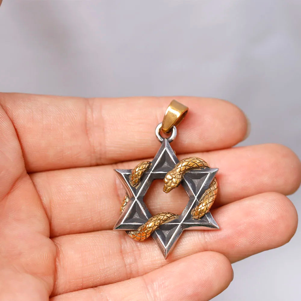 New Design 316L Hexagram Stainless Steel Five-Pointed Star Snake Pendant Necklace with Chain For Women Men Cool Gothic Punk Animal Jewelry Accessories