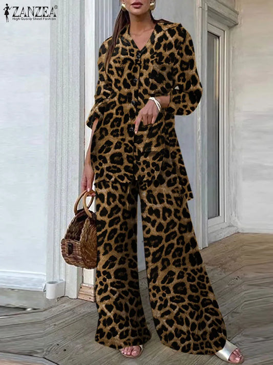 Plus Size Vintage 2PCS Pant Sets Summer Women Fashion Leopard Printed Casual Loose Tops and Pant Outfits Wide Leg Pant Sets
