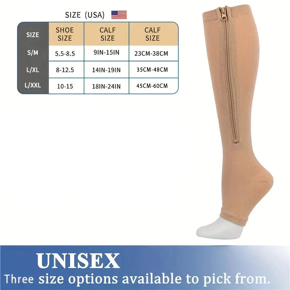 Zipper Compression Socks for Women & Men, Sturdy Zippered Stocking to Improves Blood Circulation, Relieves Pain & Swelling 1Pair