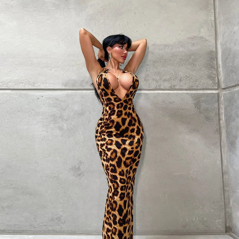 NEW Arrivals UK Size Lady High Street Partywear Women Elegant Leopard Halter Dress Sexy Backless Deep V-Neck Slim Long Dresses
