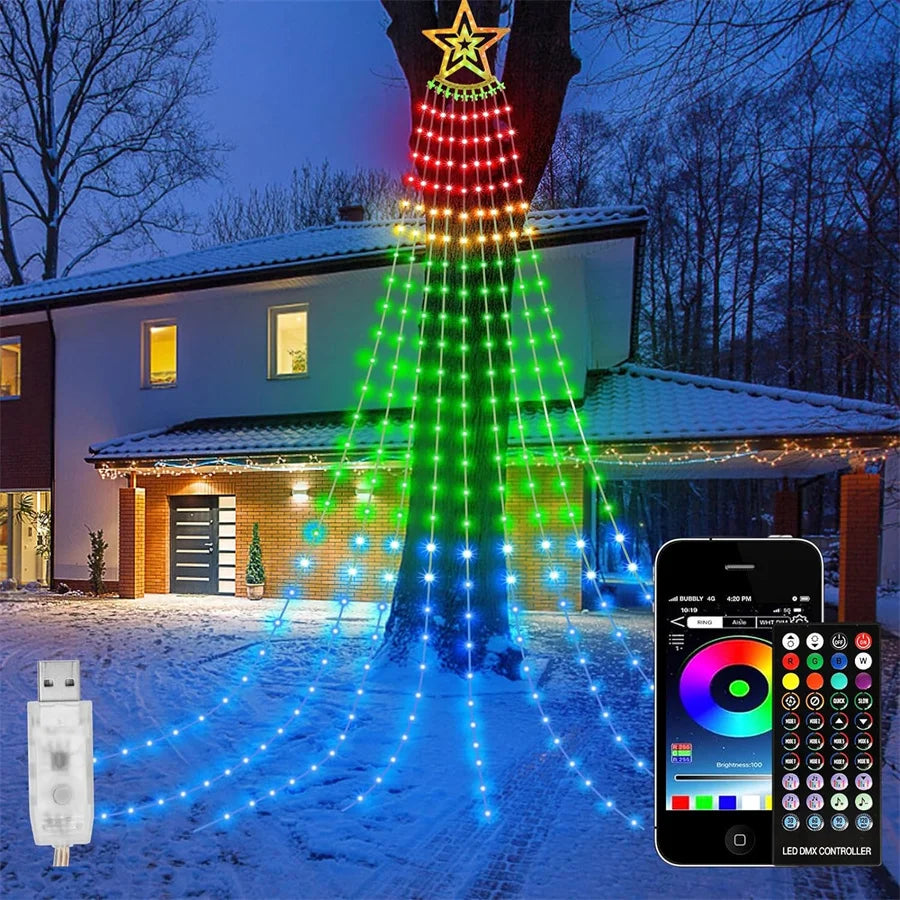 9X3M Smart App Control Christmas Waterfall Lights Outdoor with Remote 305 LED Christmas Tree Star Icicle Lights for Patio Decor
